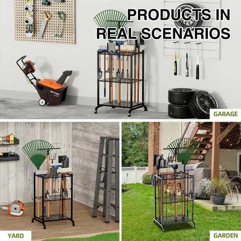 Garden Tool Organizer With 35 Slots And 6 Movable Hooks Heavy Duty Metal Tool Tower Rack For Garage Storage Black