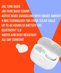 Tune Buds True Wireless Earbuds With Noise Cancellation And Pure Bass Sound Bluetooth Five Point Three 4 Microphone System, white case