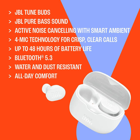 Tune Buds True Wireless Earbuds With Noise Cancellation And Pure Bass Sound Bluetooth Five Point Three 4 Microphone System, white case