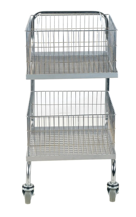 Heavy Duty Steel Mail Cart For Hospital Nursing Units With Quiet Roller Casters, two-tier wire shelving and wheels.