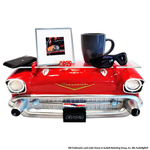 1957 Chevrolet Bel Air Floating Wall Shelf With LED Headlights Tempered Glass Display Surface For Die Cast Cars Photos Collectibles And Small Plants Dope Vintage Red Car Decor For Man Cave Or Garage featuring a red car front design with sunglasses and a mug on display.