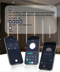 App interface for Recessed LED Light Bar Kit With CCT 2700K To 6500K, shown with remote, in a modern living room setting.