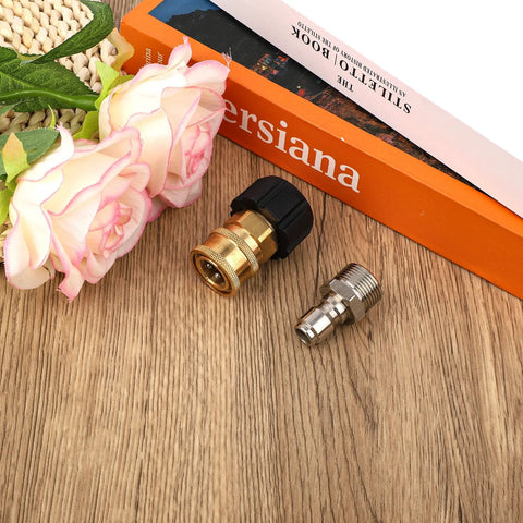 Two pressure washer adapters: brass quick-connect swivel and stainless steel fitting.