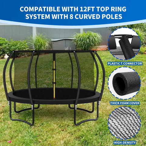 Heavy Duty 12 Ft Trampoline Replacement Kit With 8 Durable Curved Support Poles And Thick Polyethylene Safety Netting view showing poles and net.