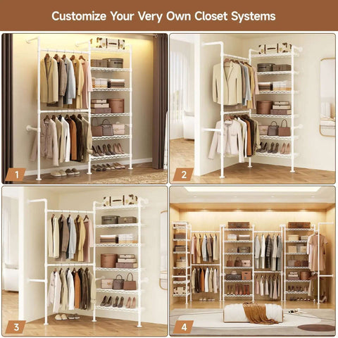 Wall Mounted Garment Rack and Closet System With Two Expandable Rods Six Adjustable Shelves Industrial Pipe Style Metal Shelving in White Heavy Duty Walk In Closet Organizer Easy Install Durable Clothes Storage Solution.
