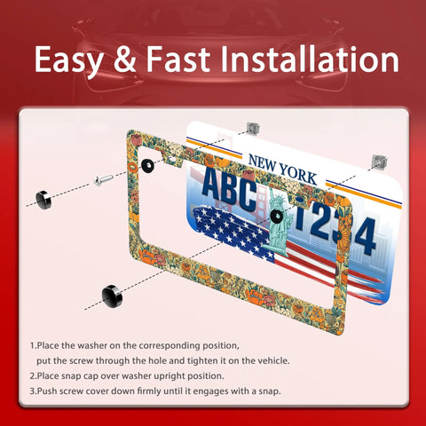 Cool Floral Print Stainless Steel License Plate Frame With Screws 12x6 Inch Auto Parts Decor shown with installation steps.