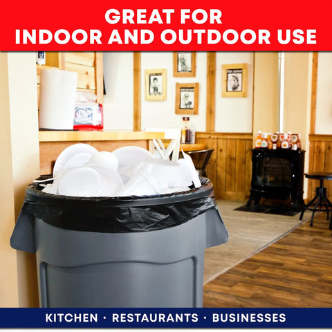 Heavy Duty 55 Gallon Contractor Trash Bags 3 Mil Thick Black Liners With Ties, 50 Bags For Construction And Industrial Use in an indoor setting