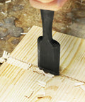 Heavy Duty Japanese Wood Chisel One Inch Hand Forged White Steel Number Two Blade cutting through wood for mortising.