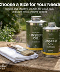 Natural Linseed Oil Wood Protector And Clear Varnish 500 Ml shown beside 1L can on wooden table with brush.