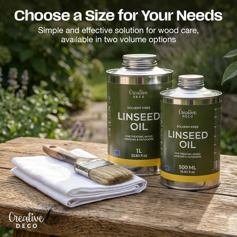 Natural Linseed Oil Wood Protector And Clear Varnish 500 Ml shown beside 1L can on wooden table with brush.