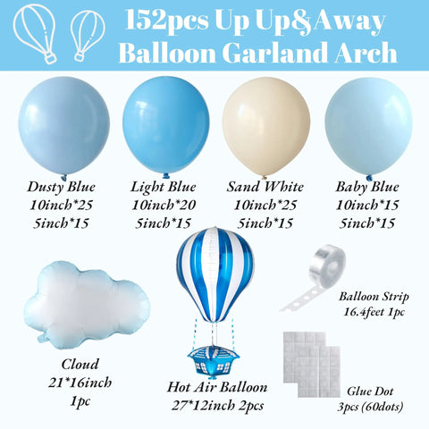 Up Up And Away Balloon Garland Arch Kit With 152 Pieces Dusty Slate Fog Blue Sand White Balloons Plus Hot Air Balloon And Cloud Foil Balloons