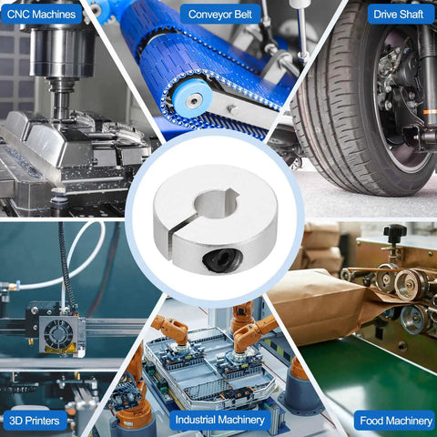 2 Pack Aluminum Shaft Collar Clamp Style Locking, 3/4 Bore, 1-9/16 OD, 1/2 Thick, Heavy Duty One Piece Design for CNC Machines and Industrial Automation, Secures Bearings, Gears, and Pulleys on Shafts, shown with CNC, conveyor, and drive shaft uses
