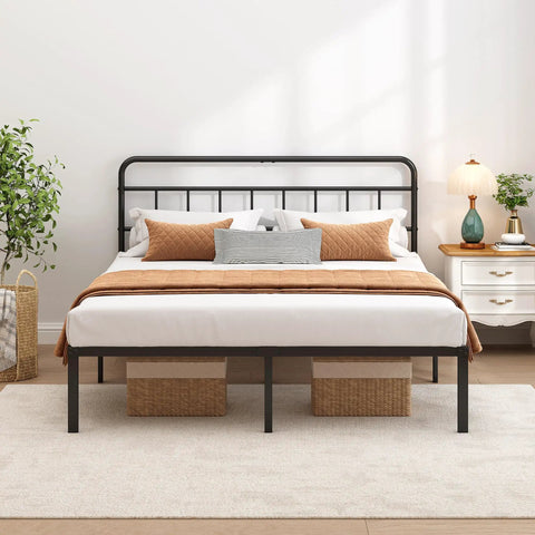 Built Tough Full Size Metal Bed Frame With Sleek Headboard And Scratch Proof Finish Black Platform in a cozy bedroom setting.