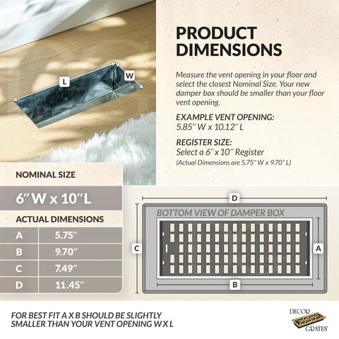 Product dimensions of Metal Classic Decorative Air Vent Cover 6x10 Floor Register With Adjustable Control Lever shown with measurements.