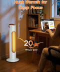 25 Inch Tower Space Heater And Fan Combo With 1500W Power next to person at desk, highlighting quiet operation at 20 dB