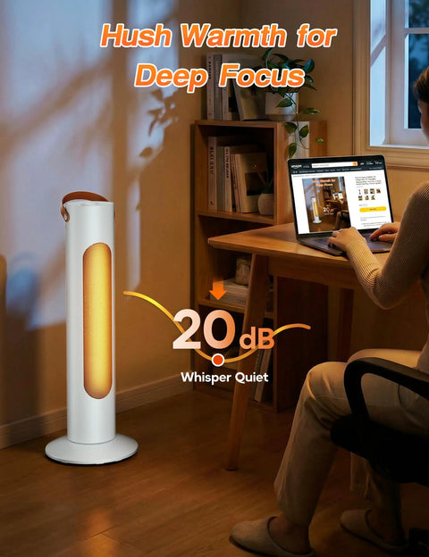 25 Inch Tower Space Heater And Fan Combo With 1500W Power next to person at desk, highlighting quiet operation at 20 dB