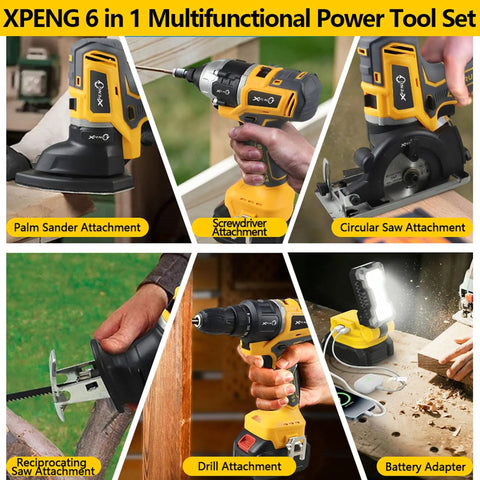Six Tool 18V Cordless Power Tool Kit With Drill Circular Saw Palm Sander Impact Driver Reciprocating Saw And LED Battery Adapter Compatible With Makita 20V Batteries Includes Two 4.0Ah Batteries And Fast Charger displayed.