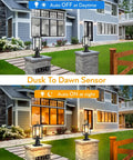 Hardwired 120V Dusk To Dawn Outdoor Post Light Black Exterior Lantern With Pier Mount Base in day and night mode