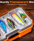 All-In-One Fishing Lures Kit With Tackle Box And 373-Piece Gear Set, showing transparent box with colorful lures.