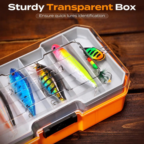 All-In-One Fishing Lures Kit With Tackle Box And 373-Piece Gear Set, showing transparent box with colorful lures.