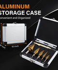 Pro Grade Heavy Duty HSS Titanium Step Drill Bit Set With Automatic Center Punch in aluminum case, 6-step 9-step bits visible