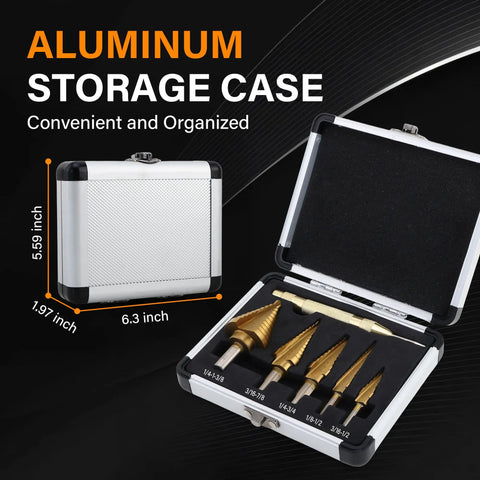 Pro Grade Heavy Duty HSS Titanium Step Drill Bit Set With Automatic Center Punch in aluminum case, 6-step 9-step bits visible