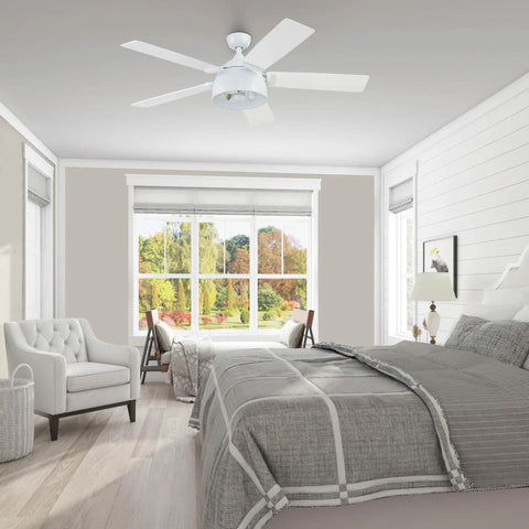 Bedroom with Octavia 52 Inch Industrial Style LED Ceiling Fan With Light Remote Control Dual Mounting Options Five Dual Finish Blades