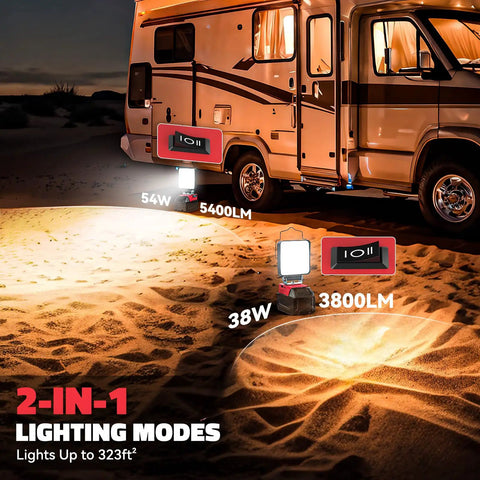 Led Work Light For 18V Lithium Battery Tools 54W 5400Lm Cordless Flood Light with USB-C charging lighting up a camper van