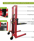 Heavy Duty Manual Pallet Stacker Featuring A No Sweat 2200 Pound Hydraulic Lift And Sixty Three Inch Rise For Warehouse Grinds and detailed parts labeled.