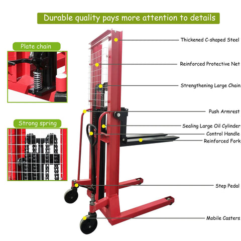 Heavy Duty Manual Pallet Stacker Featuring A No Sweat 2200 Pound Hydraulic Lift And Sixty Three Inch Rise For Warehouse Grinds and detailed parts labeled.