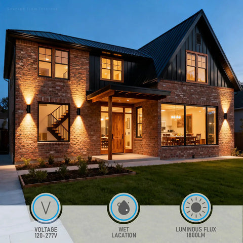 Modern house with 12 Inch LED Up Down Cylinder Outdoor Wall Light 3000K Warm White 120-277V Dimmable Aluminum Waterproof Sconces