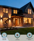 Luxury home exterior lit by 12 Inch 3000K LED Cylinder Up Down Wall Light Outdoor Dimmable Triac Dimmer Compatible Aluminum Waterproof High End Wall Sconce