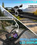 Beast 2000W Electric Fat Tire Bike handlebars with 7-speed gear controller, NFC unlock display on rocky path