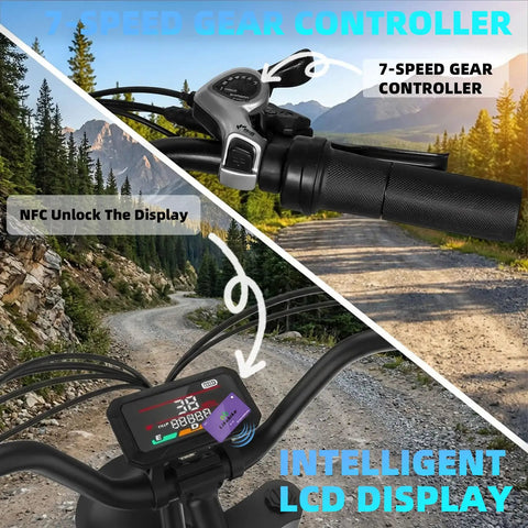 Beast 2000W Electric Fat Tire Bike handlebars with 7-speed gear controller, NFC unlock display on rocky path