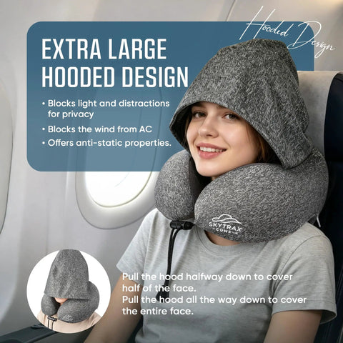 Big Hooded Travel Pillow With Memory Foam For Long Flights And Road Trips, Privacy Shield, Super Snug Neck Support, Grey Cover