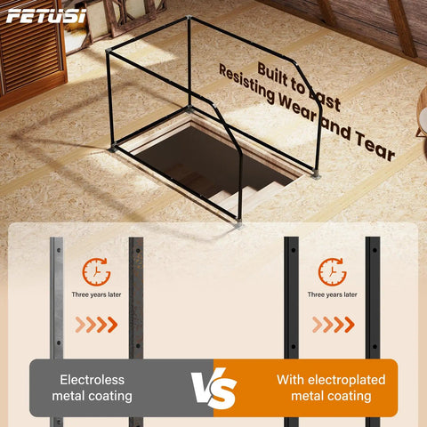 Top Shelf Adjustable Loft Handrail And Attic Ladder Safety Railing bolted down tight with durable stainless steel shown in attic.