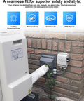 Hassle Free Hvac Wall Penetration Cover Kit With Soft Seal Gasket shielding AC unit, gray with pipes on a brick wall.