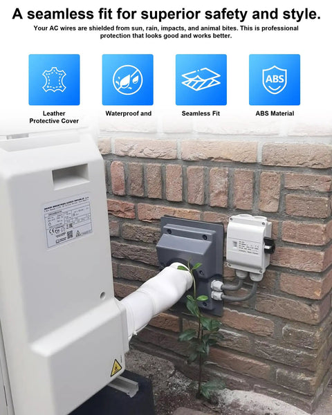 Hassle Free Hvac Wall Penetration Cover Kit With Soft Seal Gasket shielding AC unit, gray with pipes on a brick wall.