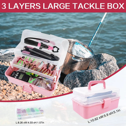 Three Layer Pink Fishing Tackle Box With Tackle Included An All In One Gear Kit Including Pliers Lip Gripper Digital Scale Crankbaits