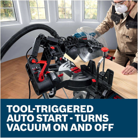 Savage 9 Gallon Dust Extractor With Auto Filter Activation For Grinders And Power Tools in use with a miter saw.
