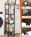 Expandable 4 Tier Slim Storage Cart on Wheels in Black with adjustable width placed in a laundry room next to a washer.