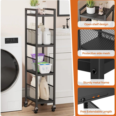 Expandable 4 Tier Slim Storage Cart on Wheels in Black with adjustable width placed in a laundry room next to a washer.