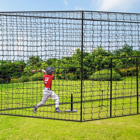 Heavy-Duty Backyard Batting Cage Net 55x12x12ft Weatherproof Polyester Construction, baseball player practicing inside cage