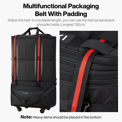 Mixi black travel bag with wheels; expandable luggage with red straps and top handles