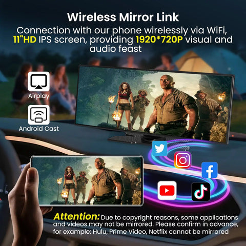 Mega 11.5 Inch Wireless CarPlay Screen With Android Auto HD Touchscreen displaying a movie via wireless mirror link at a campsite.