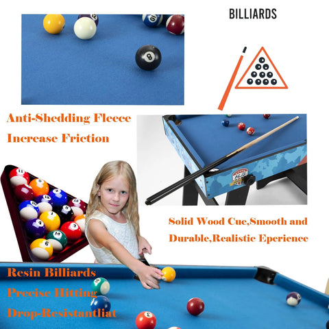 Four Foot All In One Game Table With Pool Billiards showing balls, a solid wood cue, and a child playing for basement fun.