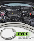 70 Inch Transmission Cooler Lines Kit With 6AN Hose Fittings and stainless braided hoses in vehicle engine bay