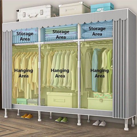 Heavy Duty Canvas Wardrobe Closet, Steel Frame, Long Hanging Bar & Storage Shelves, Portable Fabric Clothes Organizer for Bedroom, Dorm & Apartment