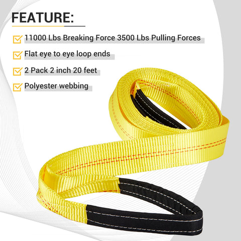 Heavy Duty Workhorse 2 Inch By 20 Foot Eye To Eye Web Lifting Sling Set With 11000 Lbs Breaking Force And 3500 Lbs Pulling Capacity