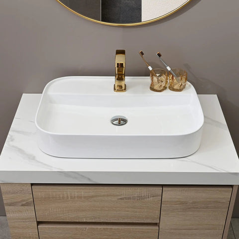 Dope 25.6 Inch Rectangle Vessel Sink With Pop Up Drain For Above Counter Installation In White Porcelain Ceramic Vanity Basin